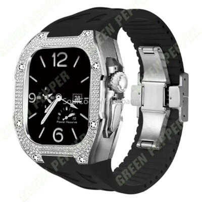 Luxury Diamond Titanium Case+Fluororubber Strap For Apple Watch Ultra 3/2/1 49mm