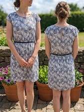 LOFT Floral A-Line Dress 6 Womens Blue White Cap Sleeve Grosgrain Keyhole Woven
