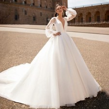 Satin Wedding Dress With Shawl Sexy V-Neck Puff Sleeve Shining Tulle Bridal Gown