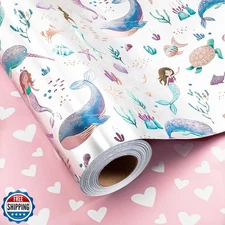 Homeral Reversible Mermaid Wrapping Paper Roll - Metallic Foil Whale, Turtle,