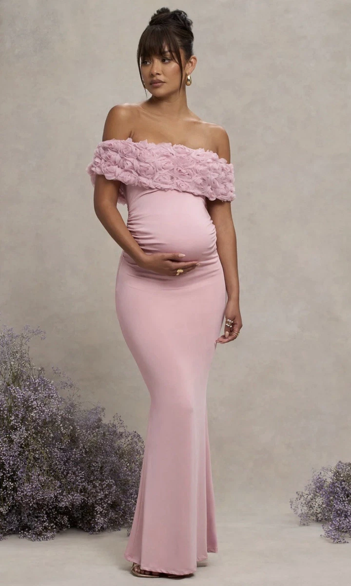 women's light pink off the shoulder dress for pregnancy Odeerbi Maternity Dress for Photoshoot Multi-layer Ruffle Tulle Off Shoulder Pregnants Photography Dress Womens Ruffled Nursing Long Dress Pink