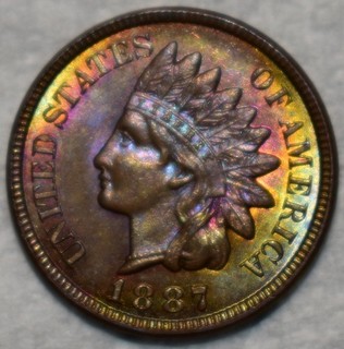 Brilliant Uncirculated 1887 Indian Head Cent Gorgeous Iridescent Toning!
