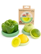 Food Huggers 5 pc Reusable Silicone Food Savers BPA Free Storage, Sage Green