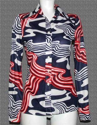 VTG Red White Blue Psychedelic Swirls Disco Lightweight Poly Blouse Wm's S / M