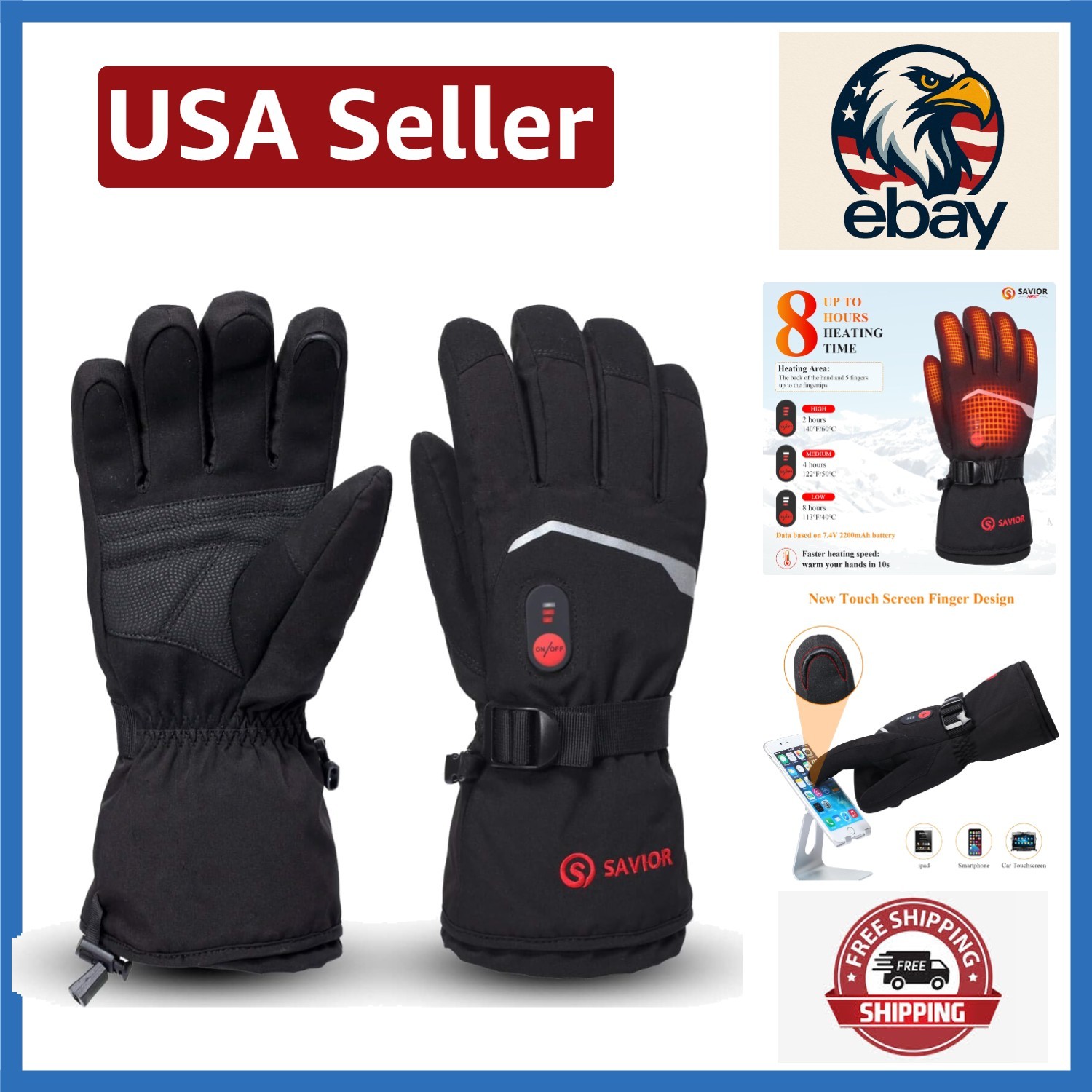Waterproof Heated Gloves - Touch Screen Compatible for Skiin