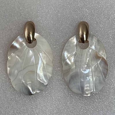 Vintage Gold Tone & Iridescent Mother Of Pearl Door Knocker Pierced Earrings NEW