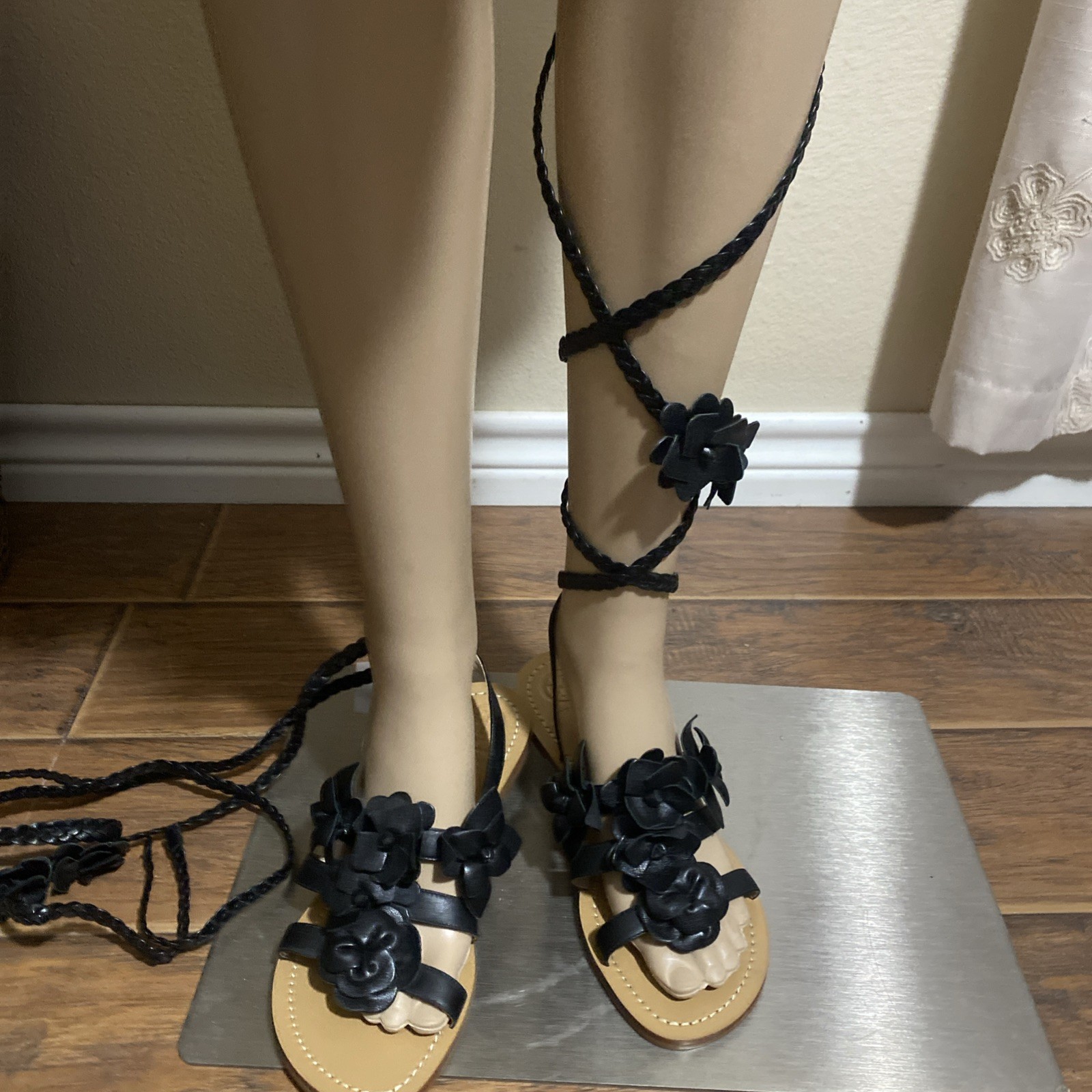 APL TORY BURCH BLOSSOM SANDALI DONNA GLADIATORE PELLE NERO TG 7 1 2