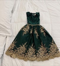 Girls Emerald Green Velvet & Gold Embroidered Party Dresses Size 10