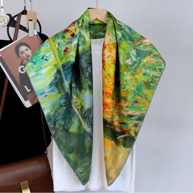 Pure 18 Momme Twill Silk Scarf 90x90cm Double-Sided Oil Painting Shawl  