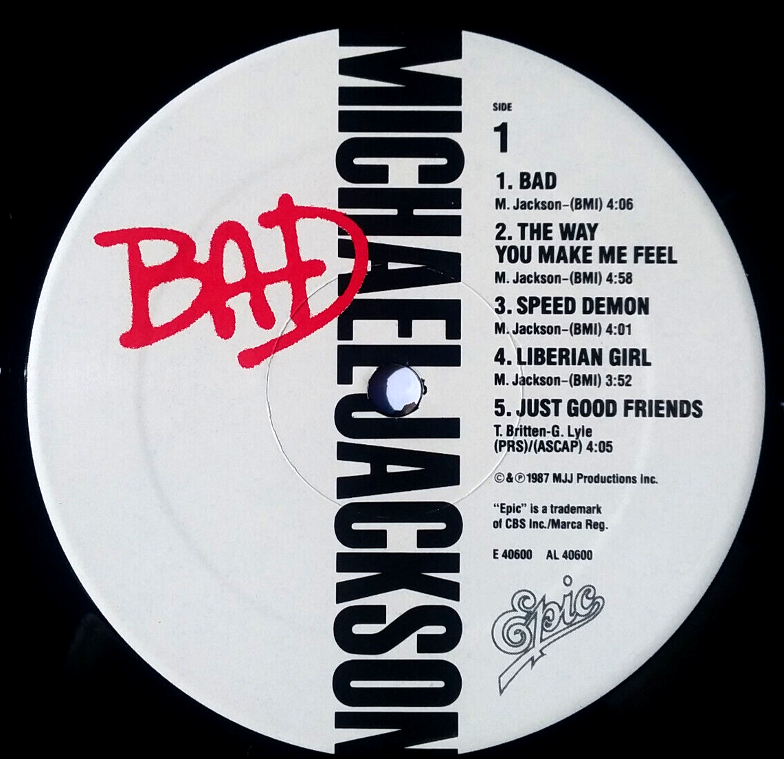 米LP Michael Jackson Bad E40600 EPIC /00400 MICHAEL JACKSON - Bad - Vinyl LP 1st Press 1987 Epic E 40600