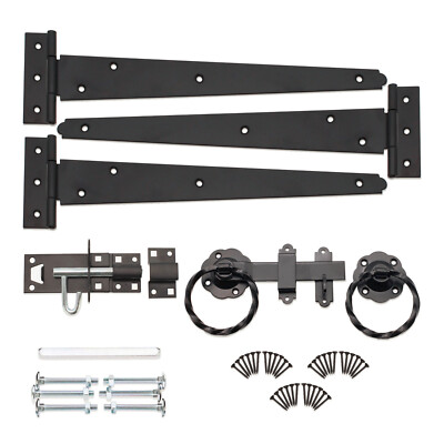 T-Stück Scharniere (3) 12'' 300 mm Drehring Riegel Bolzen Gartentor Beschlag Set schwarz