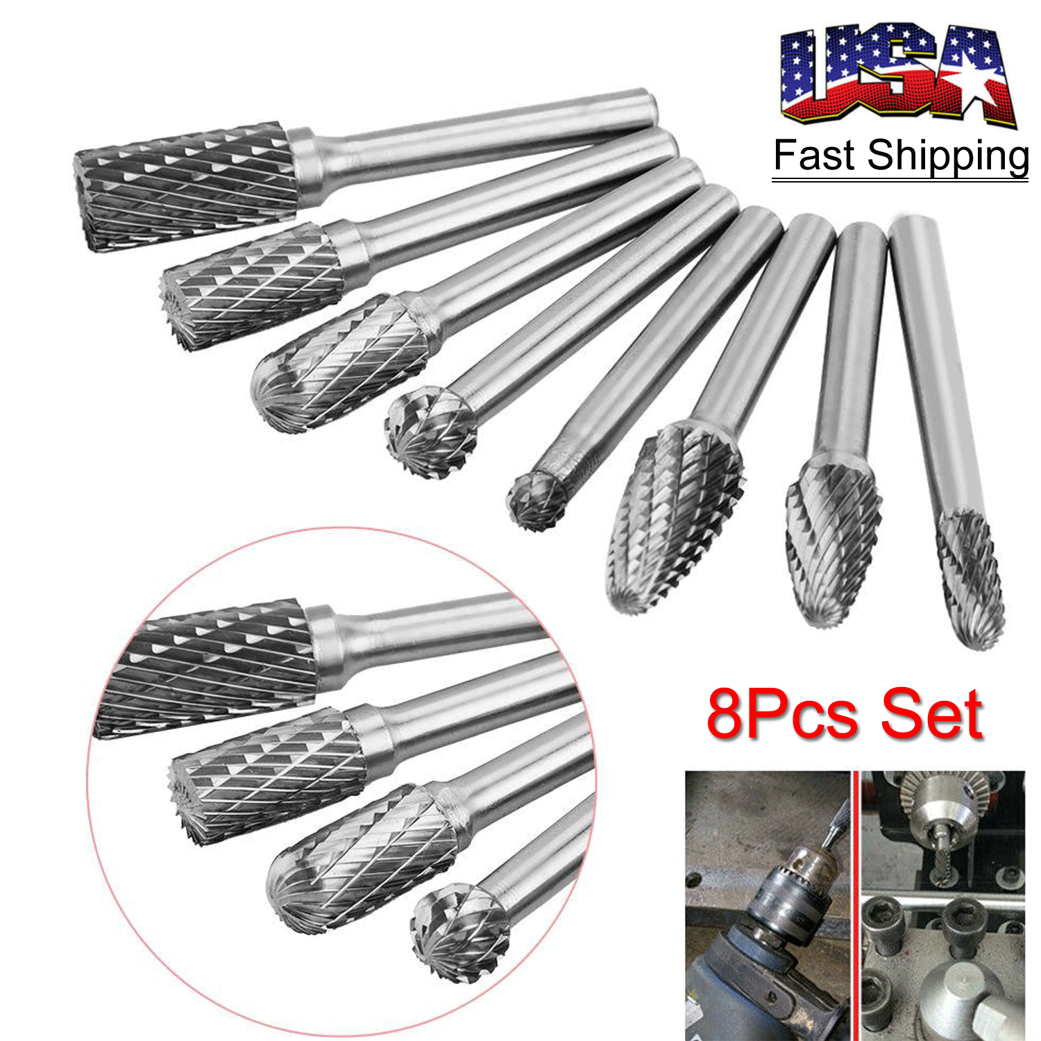 Tungsten Steel Rotary Bits for Marble Metal Wood Carving Engraving Polishing Drilling 10pcs Carbide Rotary Burr Bits Set 1//8/’/’ Shank Double Cut Cutting Burr 1//4 Head Rotary Tool Accessories Kit