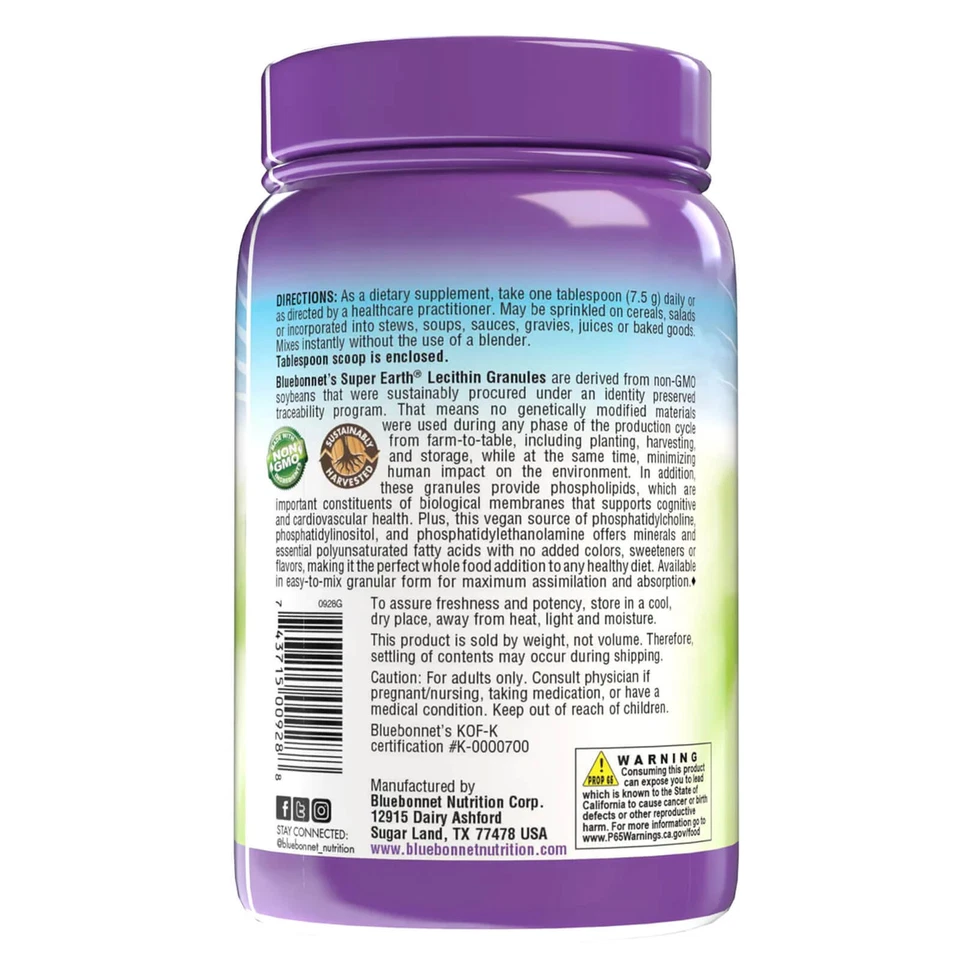 Gránulos de lecitina Bluebonnet Super Earth no transgénicos gránulos de 12,7 oz Foto 3 de 4