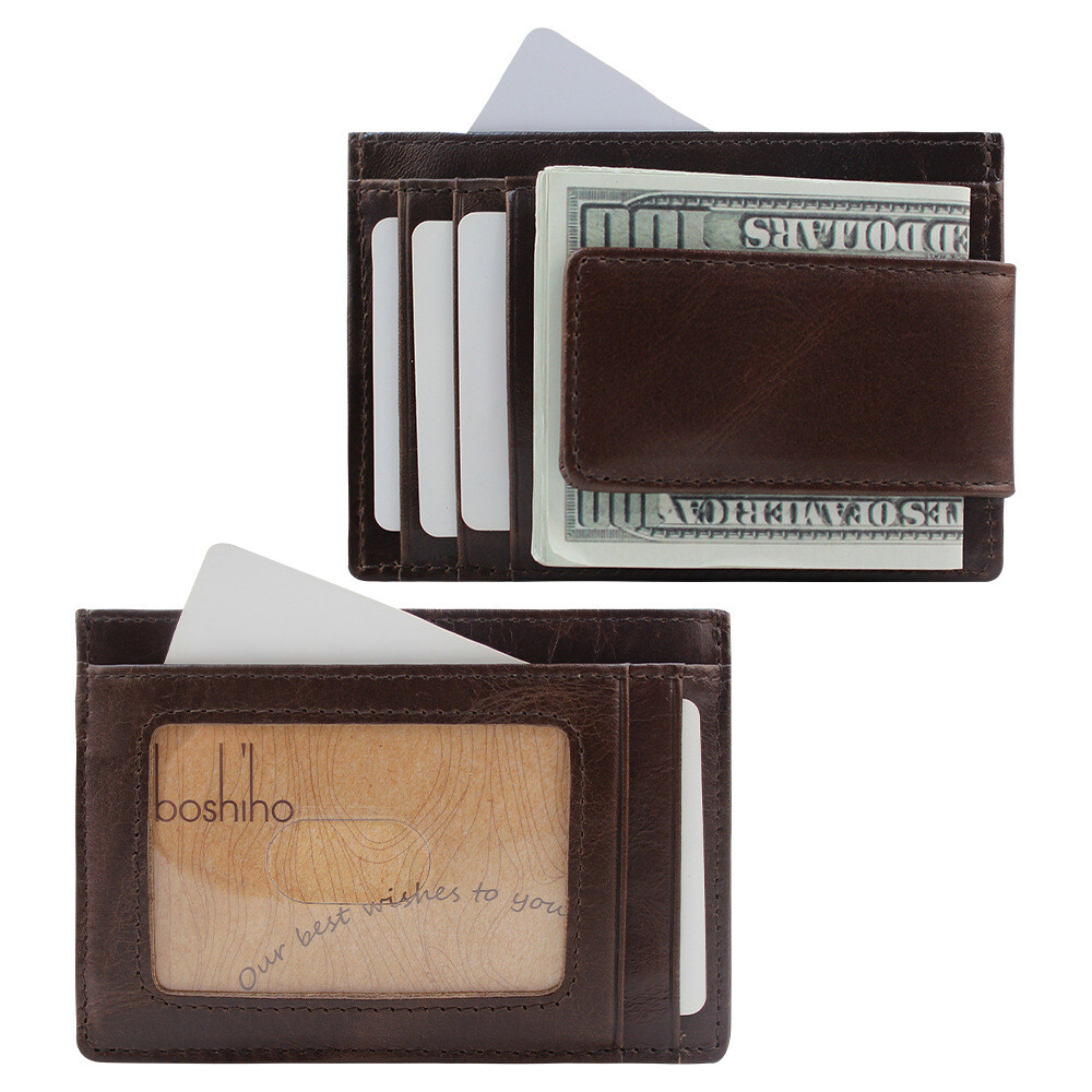 Slim Real Leather Credit Card Holder with Magnetic Money Clip