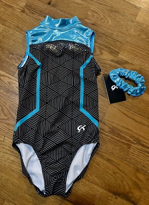 NWT GK Elite turquoise and black high neck gymnastics tumbling Leotard sz CL