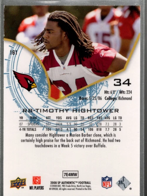 A9670- 2008 SP Authentic #161 Tim Hightower RC /999 SAMPLE - Image 2 of 2