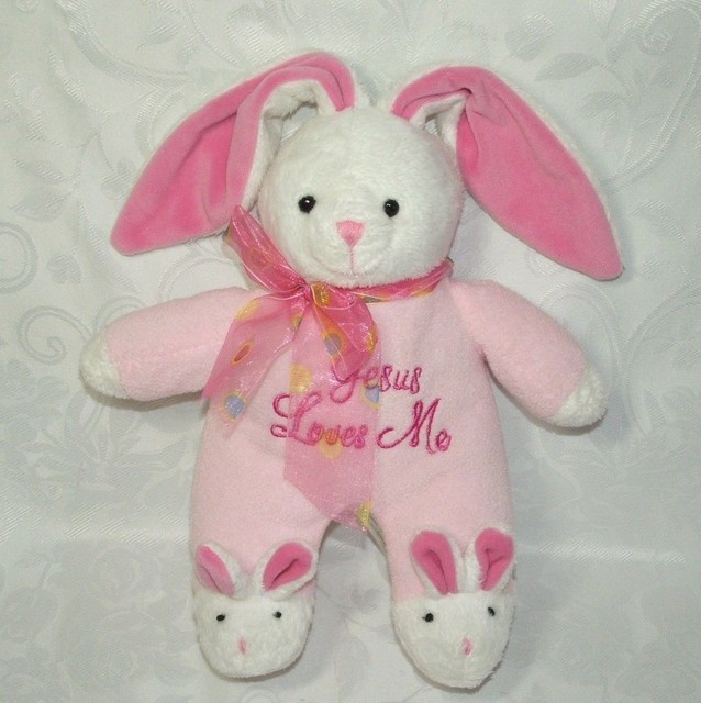 DanDee Pink White Jesus Loves Me Bunny Rabbit Singing Plush Polka Dot Bow 10" eBay