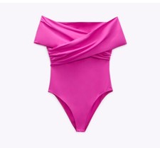 Zara Pink Fuchsia Draped Off Shoulder Bodysuit Ruched Crossover Womens S New