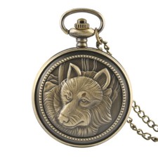 Men Engraved Quartz Pocket Watch Vintage Wolf Bronze with Necklace Chain Gifts