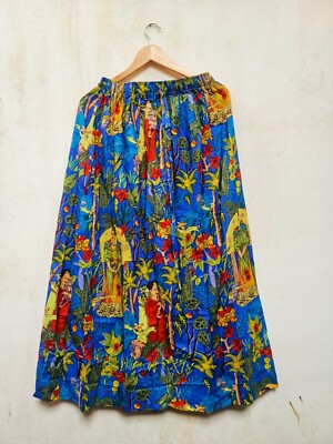 Long Cotton Blue Frida Kahlo Printed Skirt Indian Women Clothing Partywear Skirt