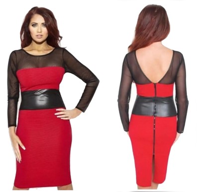 red long sleeve midi bodycon dress