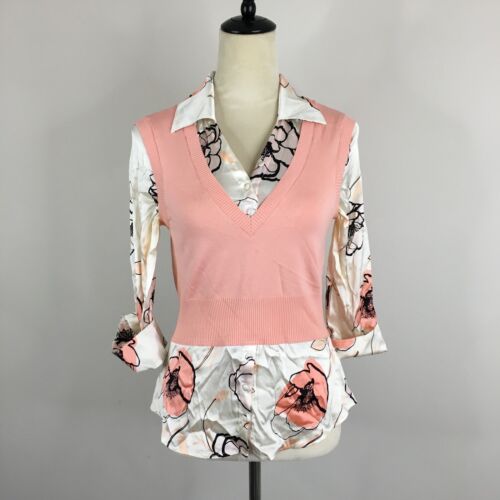 BEBE Peach Knit MultiColor Floral Print Silk Blend 3/4 Sleeve Shirt Womens sz XS - Picture 4 of 14