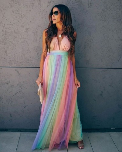 Summer Women Beach Mesh Dress Rainbow 