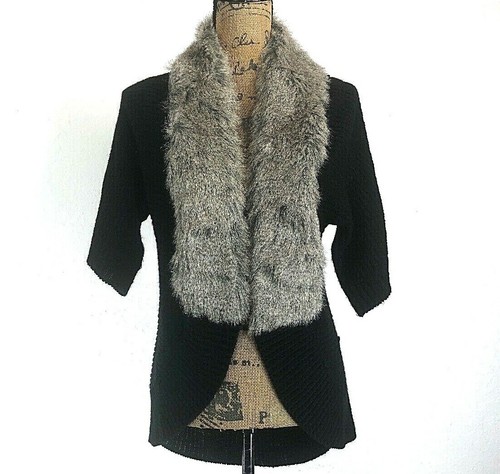 BCBG Max Azria Cardigan Sweater SIZE S Black Faux Fur Collar Half Sl NWT $157