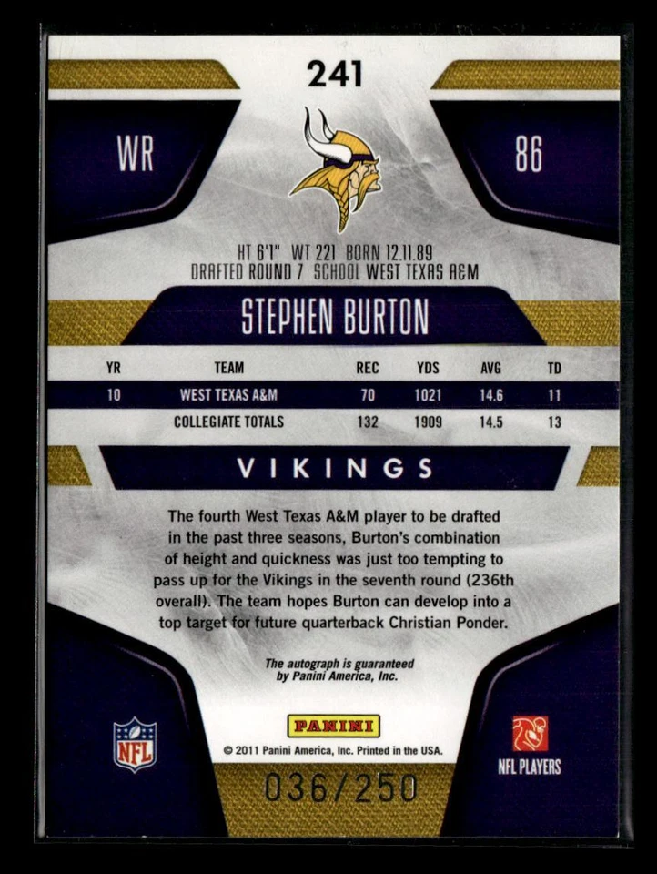 2011 Panini Certified #241 Stephen Burton Mirror Red Signatures #/250 - Image 2 of 2