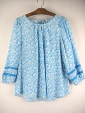 LC Lauren Conrad Size L Rayon Blue Floral Poet Blouse