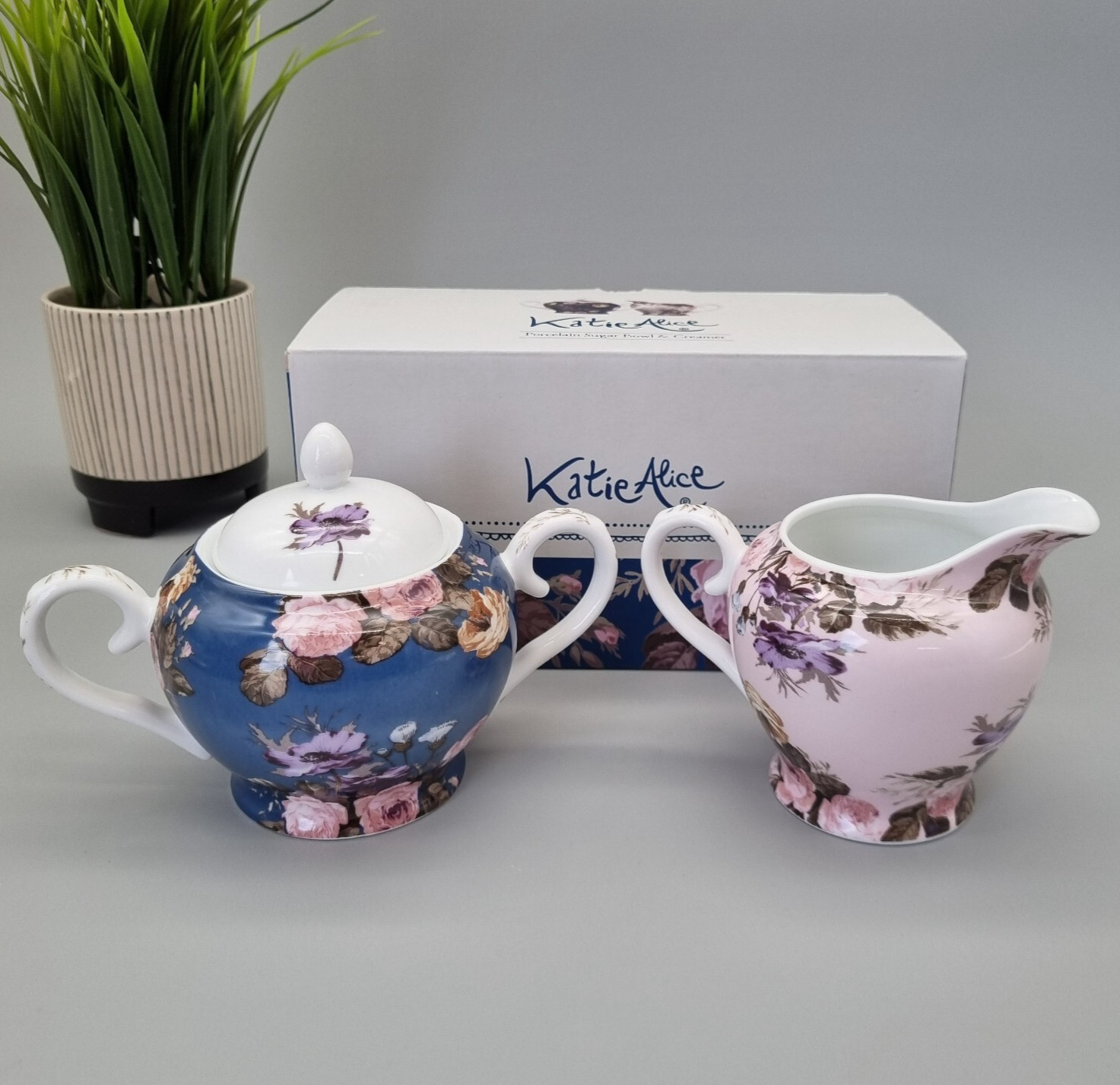 Katie Alice Sugar Bowl & Jug Cottage Garden Porcelain Floral, Pink Blue Gift Set