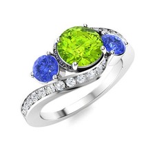 Three Stone Peridot  Tanzanite 5MM Round 925 Sterling Silver Women Wedding Ring