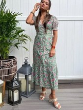 Anthropologie DRA Los Angeles Cotton Green Floral Midi Dress Puff Sleeves Size M