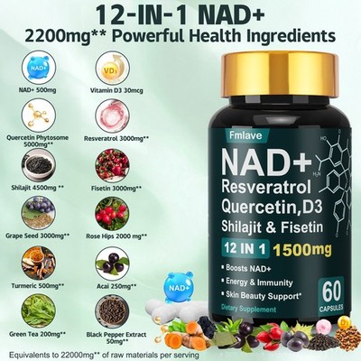 NAD+ Supplement 1500mg with Resveratrol | Cellular Health & Energy | 60 Capsules