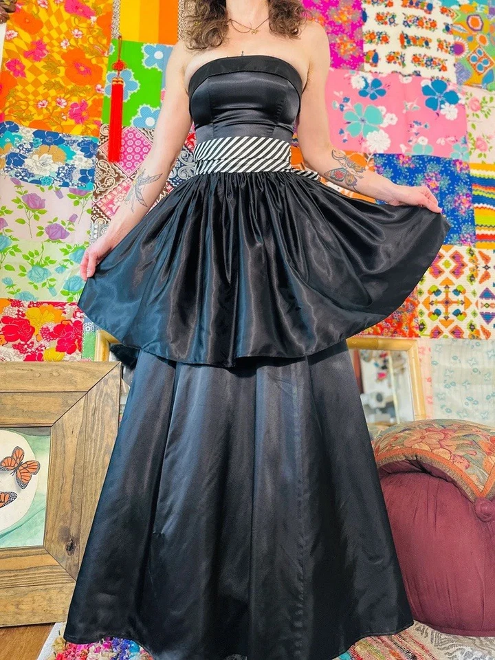 Винтажный 90-х Gunne Sax черный атлас официальный принцесса мяч платье выпускного вечера платье без бретелек - Изображение 2 из 4