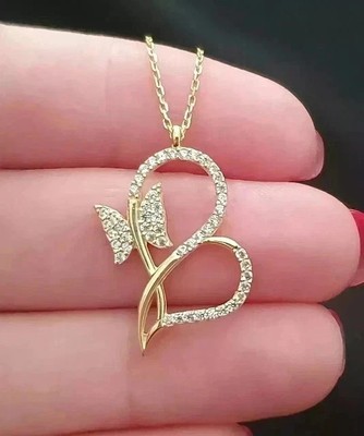 2Ct Round Cut Lab Created Diamond Heart Pendant Necklace 14k Yellow Gold Plated