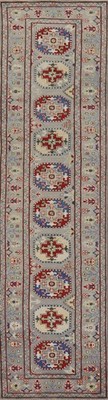 Geometric Super Kazak Runner Rug 3x13 Hallway Wool Hand-knotted Gray Carpet
