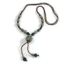 Dusty Blue/Teal Ceramic Bead Tassel Necklace with Brown Cotton