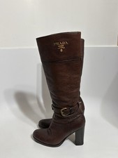 Vtg Prada Brown Leather Logo Belted Boots 36