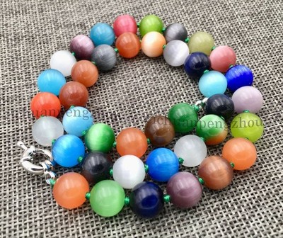 Beautiful 10mm Multicolor Mexican Opal Cat's Eye Stone Round Beads Necklace 18''