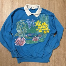 Vintage Grannycore Sweatshirt Size M Early 90's Collared Flowers Plant Iris