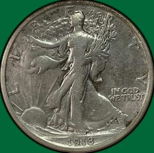 1918-D Walking Liberty Half Dollar Choice Very Fine VF+/XF Coin, Cleaning #37438