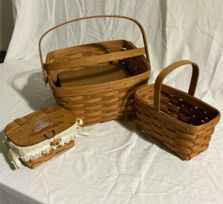 Longaberger Lot of 3 Woven Wood Storage Baskets w/ Handles Liner Bear Lid 1997