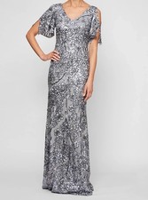 Alex Evenings - 8296611 Cold Shoulder Floral Sequined Formal Dress Silver Sz 8 M