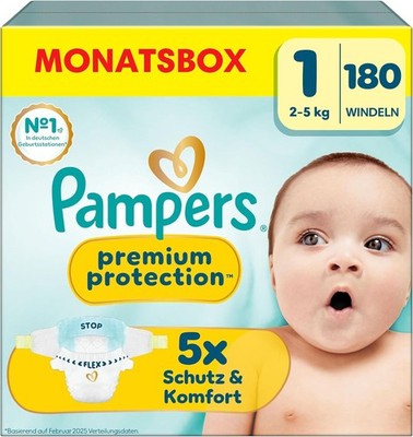Pampers Premium Protection Größe 1 - 180 Baby Windeln 2-5kg Newborn Monatbox