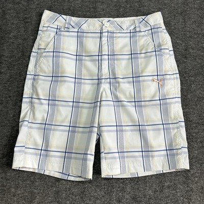 Puma Men s Golf Shorts White Blue Yellow Plaid USP Dry 95% Polyester XL 559982