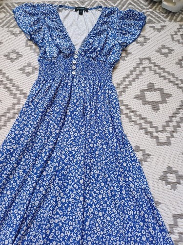 Pretty Blue White Floral Midi Shirred Petite Maxi Summer Dress S M L STRETCHY - Picture 3 of 8