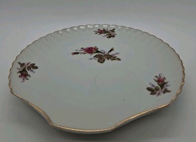 2 Vintage Red Moss Rose China Snack Plates Shell Shaped Gold Trimmed 8''