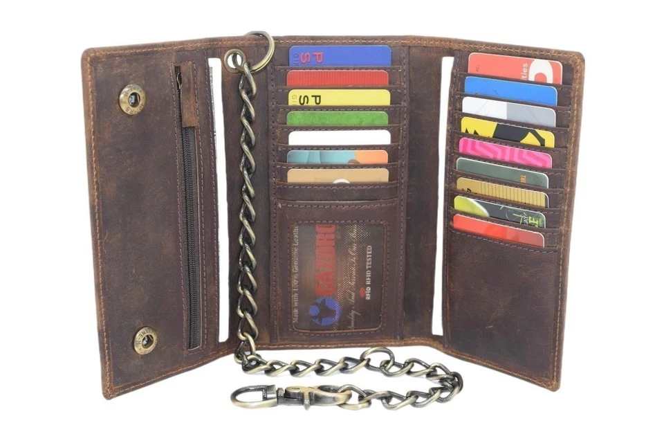 Cartera de motociclista con cadena de calavera bloqueo de señal RFID para hombre de colección de cuero larga... Foto 2 de 4