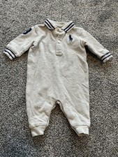 Ralph Lauren One Piece Rugby Romper Baby Boy Gray Navy Bodysuit Polo 3M
